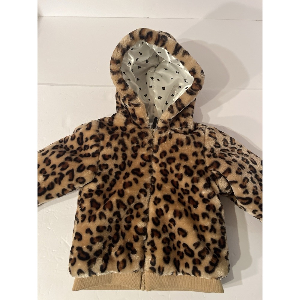 NWT Little Me Girls Leopard Print Faux Fur Hooded Jacket Coat 24M Toddler Zip